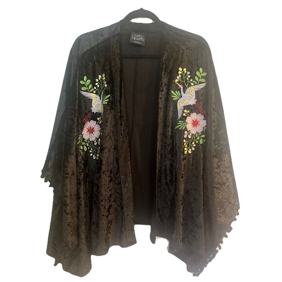 GYPSY HEART Crushed Burn Out Embroidered Velvet black Kimono Womens Sz Large - Picture 1 of 6